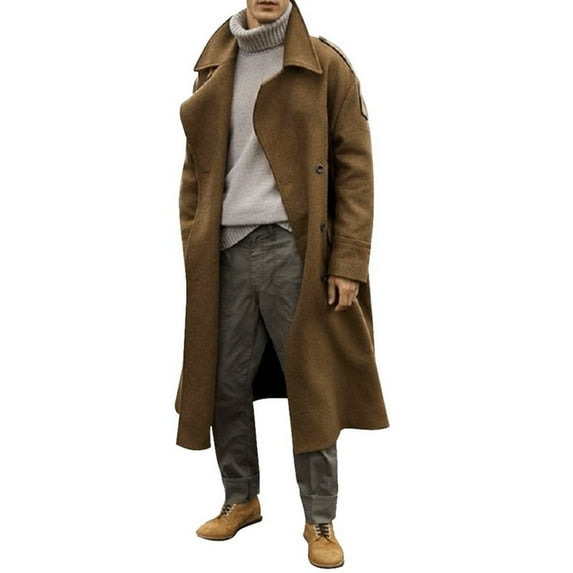EOYWHK Men's Oversized Windbreaker Notched Long Overcoat Wool Blend Trench Coat Single Breasted Knee Length Lapel Winter Jacket