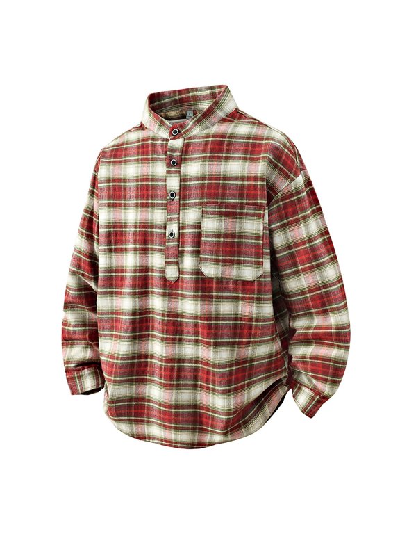 Mens Henley Stand Collar Half Button Long Sleeve Pullover Shirts Loose Fit Casual Flannel Shirt with Chest Pocket for Fall Winter Outfits Red M