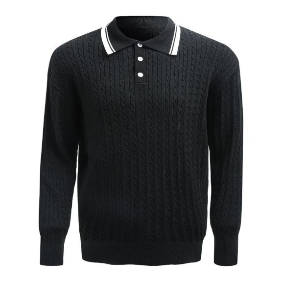EOYWHK Mens Pullover Shirts Cable Knit Soft Warm Long Sleeve Striped Collared Golf Shirts Loose Fit Casual Fall Winter Sweatshirts for Business Daily Wear Black M