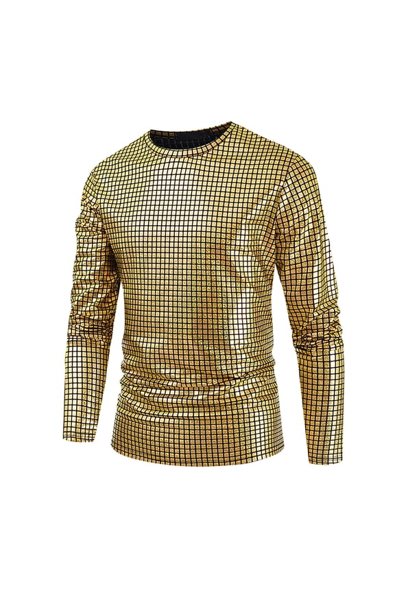 Mens Sequin Shirts Retro Disco Long Sleeve Shirts Sparkly Slim Muscle Fit Pullover Night Club Party Tops
