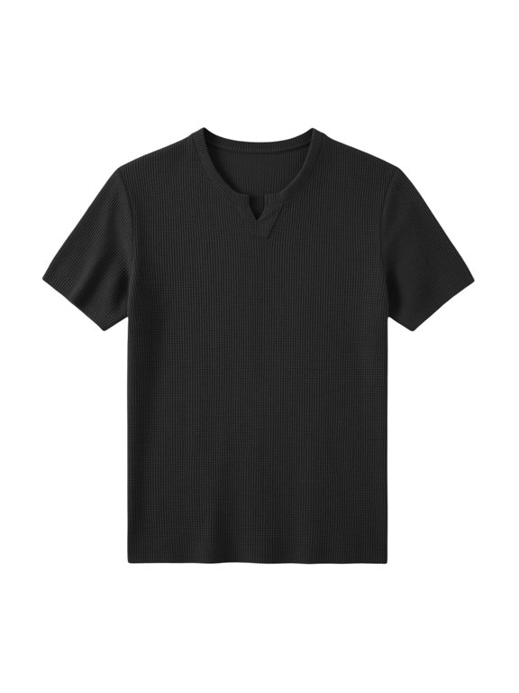 Mens Tshirts Notch V-notch Waffle Knit Texture Casual Shirts Short Sleeve Regular Fit Lightweight Summer Tee for Men Daily Wear Black L