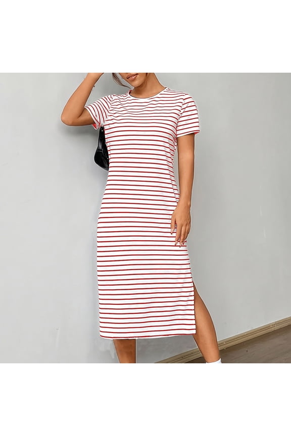 Midi Dresses for Women Summer Casual Striped Print Dress High Neck Side Split Short Sleeve Pullover Sleepwear Shirt Short Dresses with Pockets ,S-3XL