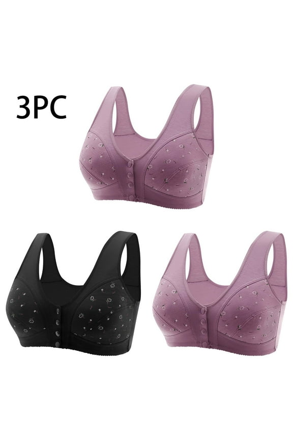 Nursing Bras3PC Women Sexy Middle-Aged And Elderly Printed Front Buckle Without Steel Ring Underwear Soft Cotton Large Size Underwear Bra