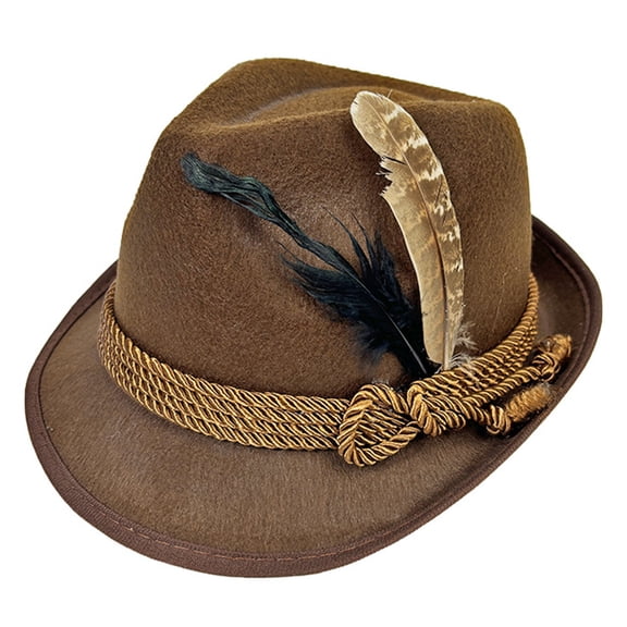 EOYWHK Oktoberfest Hat for Men Beer Festival Hat Party Decorative Fun Festival Costume Party Widr Brim Felt Fedora Hats with Feather & Braided Rope Band, Brown