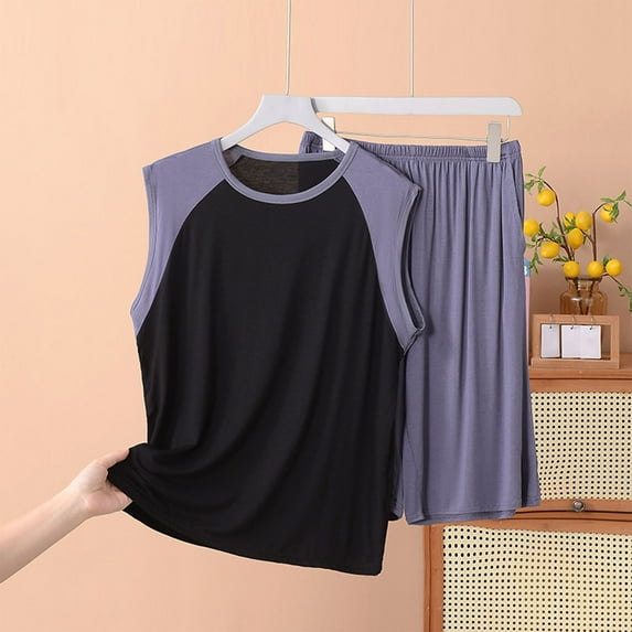 EOYWHK Pajama Sets for Big and Tall Men Sleeveless Tank Loose Color Blocked Sleep Shirts and Soft Comfortable Matching Shorts ,XL-5XL