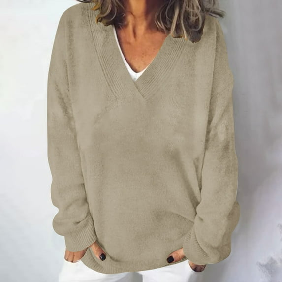 EOYWHK Plus Size Sweaters for Women Long Sleeve Sweatshirt V-Neck Slim Fit Ribbed Soft Knit Pullover Lounge Tops ,S-5XL