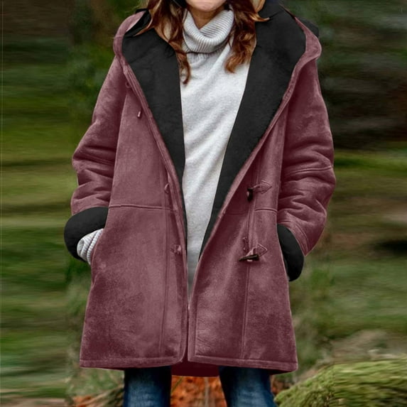 EOYWHK Plus Size Winter Coats for Women 2024 Warm Sherpa Fleece Lined Distressed Jackets Full Zipper Hooded Parka Suede Pea Coat Outerwear Jacket