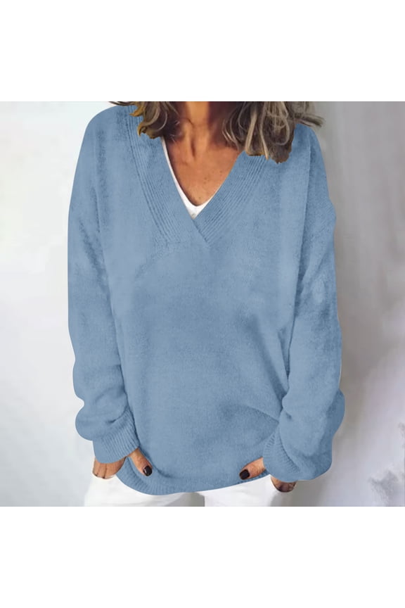 Plus Size Womens Sweaters Casual Long Sleeve Soft Knitted Shirts Loose Fit V-Neck Lounge Tops Clearance,S-5XL