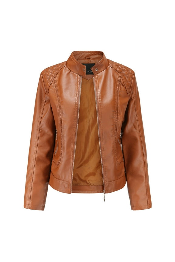 Puffer Jacket Women Leather Standing Collar Slim Fitting Zipper Motorcycle Jacket Leather Jacket Major