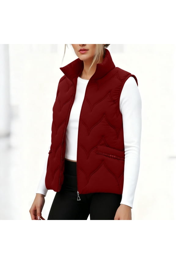 Puffer Vests for Women Quilted Jacket Sleeveless Full Zipper Stand Collar Cotton Down Outerwear
