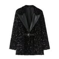 thumbnail image 1 of EOYWHK Sequin Jackets for Women Dressy Blazers New Trending Sequin Shacket V-Neck Notched Collar Black Suit Jacket Rollbacks, 1 of 9