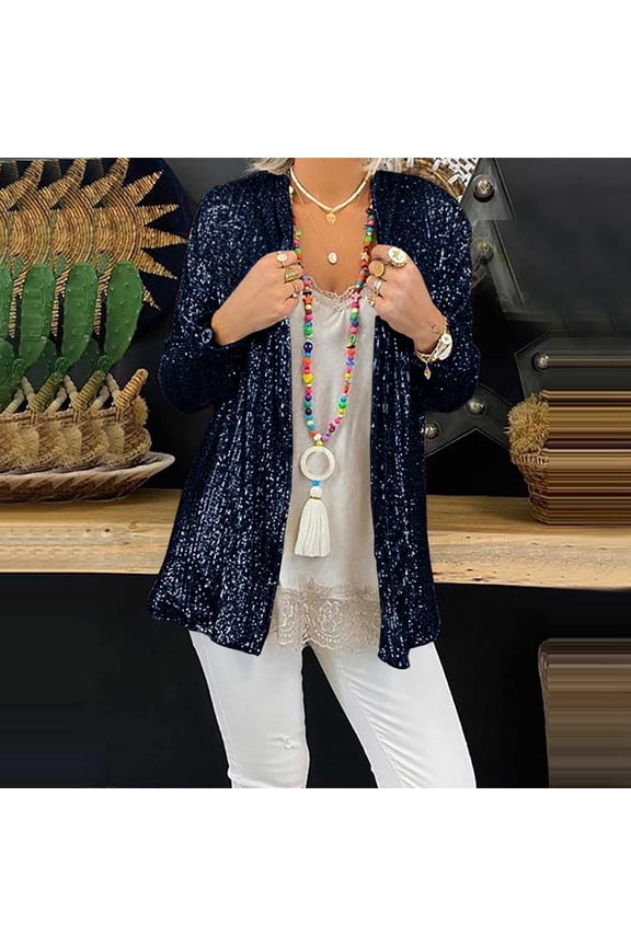 Sequin Jackets for Women Long Sleeve Cardigan Slim Fit Glitter Sparkly Sequin Tops Open Front Solid Color Mesh Ruffle Sequin Shacket