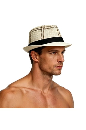 Straw Hat for Men UV Protection Breathable Lightweight Grid Plaid Paper Fedora Hat Wide Brim Summer Trilby Hat for Outdoor Vacation Beach, Beige Free Size