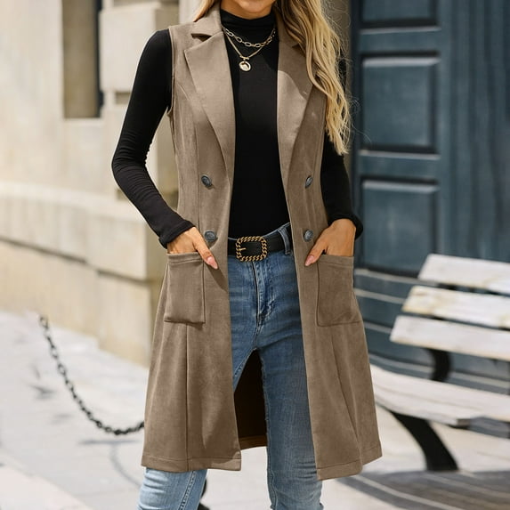 EOYWHK Suede Jackets for Women Sleeveless Vest Long Trench Coat Vintage Notched Lapel Suit Vests with Pockets