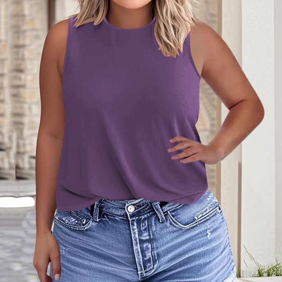 EOYWHK Tank Top for Women Plus Size Shirt Summer 2025 Dressy Camisole Sleeveless Top Soft Comfy Crew Neck Loose Fit Blouse