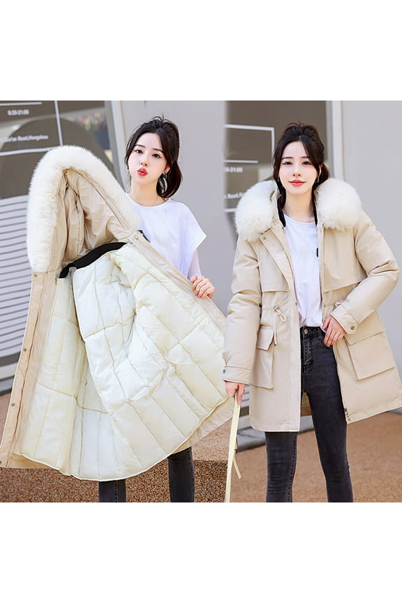 Trench Coats for Women Womens Winter Jacket Warm Overcoat Slim Fur-Collar Zipper Thicker Coat Outwear