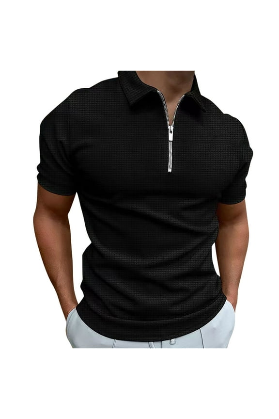 Waffle Knit Shirts for Men Casual Short Sleeve Golf Shirt Formal Business Tops Quarter Zipper Front with Collar ,S-3XL