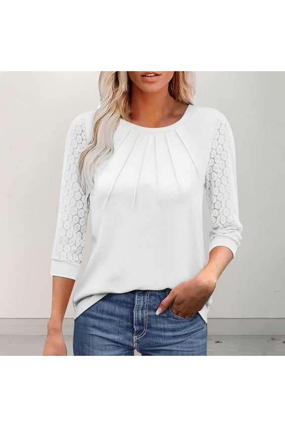 White Tops for Women 3/4 Sleeve Basic Tees Summer Casual Lightweight Crew Neck Slim Fit Solid Color Pullover Tunic Blouse ,S-3XL