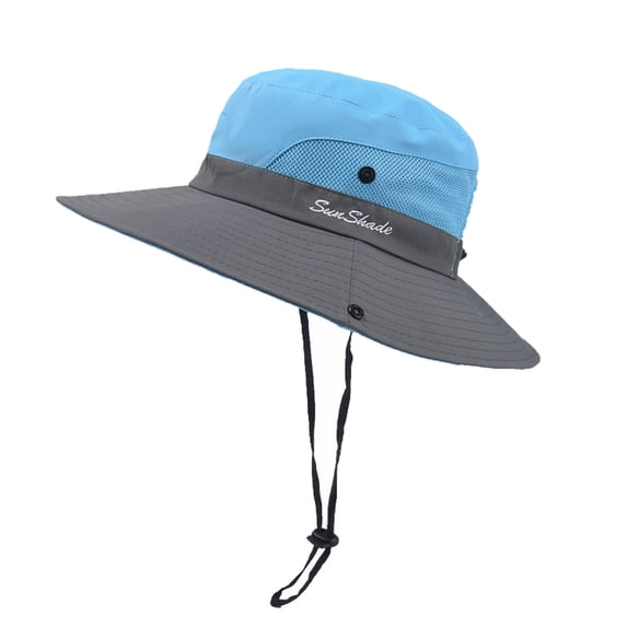 EOYWHK Unisex Wide Brim Boonie Sun Hat with Ponytail Hole UPF 50+ Breathable Mesh Fishing Bucket Cap for Hiking Beach Gardening Blue