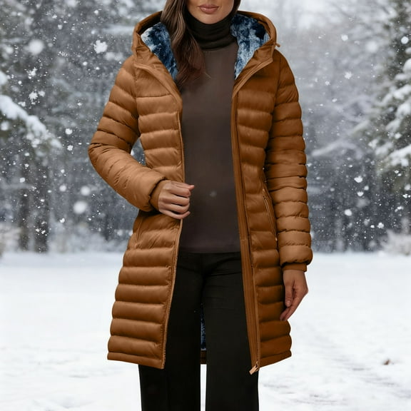 EOYWHK Winter Coats for Women Puffer Jacket Heavyweight Long Full Zipper Color Blocked Hooded Warm Outerwear with Pockets