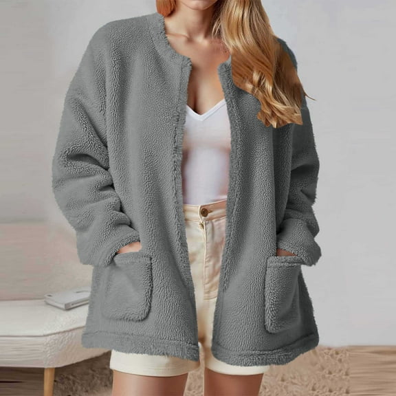 EOYWHK Winter Coats for Women with Side Pockets,Fuzzy Fleece Jacket Open Front Cardigan Loose Fit Outerwear No Hood