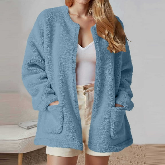 EOYWHK Winter Coats for Women with Side Pockets,Fuzzy Fleece Jacket Open Front Cardigan Loose Fit Outerwear No Hood