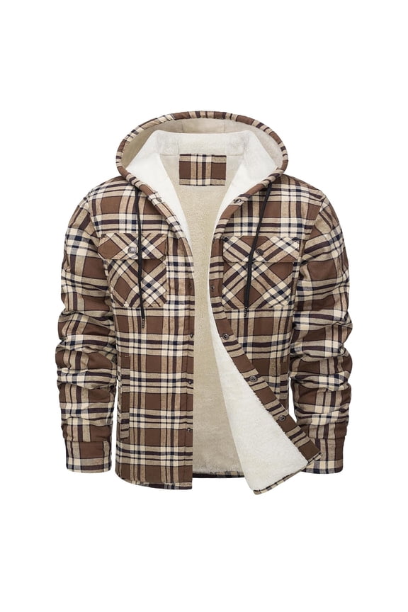 Winter Hooded Jackets for Men Big and Tall Winter Coats Khaki Plaid Shirts Cotton Fleece Shacket Retro Sherpa Lined Outerwear Jackets ,S-5XL