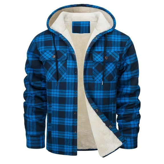 EOYWHK Winter Hooded Jackets for Men Big and Tall Blue Plaid Shirts Cotton Fleece Shacket Retro Sherpa Lined Outerwear Jackets ,S-5XL