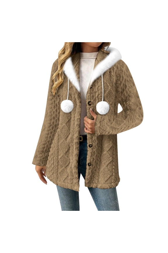 Winter Jackets for Women Fuzzy Hoodie Long Sleeve Plush Linen Warm Coats with Pockets