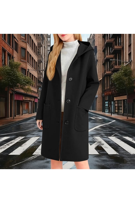 Winter Jackets for Women Long Trench Coats Button Down Pea Coats Mid-weight Hooded Overcoats with Pockets