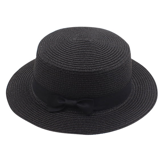 EOYWHK Women Flat Top Boater Straw Sun Hat Wide Brim UV Protection Lightweight Packable Beach Vacation Cap for Summer Outdoor Travel Black