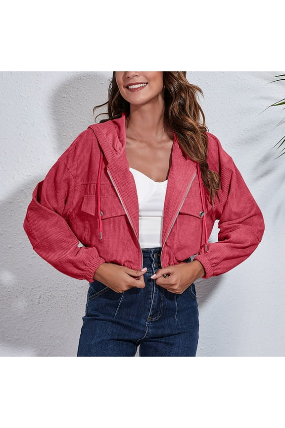 Women's Corduroy Shirts Hooded Cropped Jacket Fall Winter Long Sleeve Full Zipper Cardigan Loose Fit Tunic Short Shirt Jacket Winter