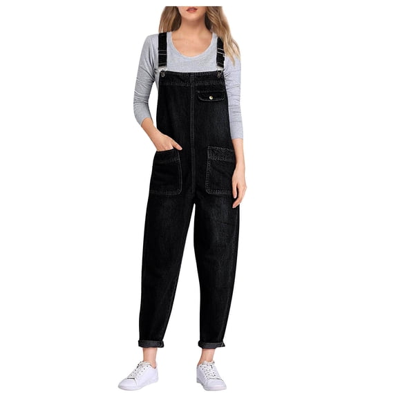 EOYWHK Women's Denim Overalls Stretch Fit Overall Jeans Relaxed Stretch Denim Pants with Pockets for Outdoor Casual Days Relaxed Soft Fit Black L