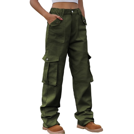 EOYWHK Women's Denim Pants Mid Rise Straight Leg Jeans Soft Medium Wash Denim Cargo Pockets for Women Casual Daily Fashion Relaxed Fit Green L