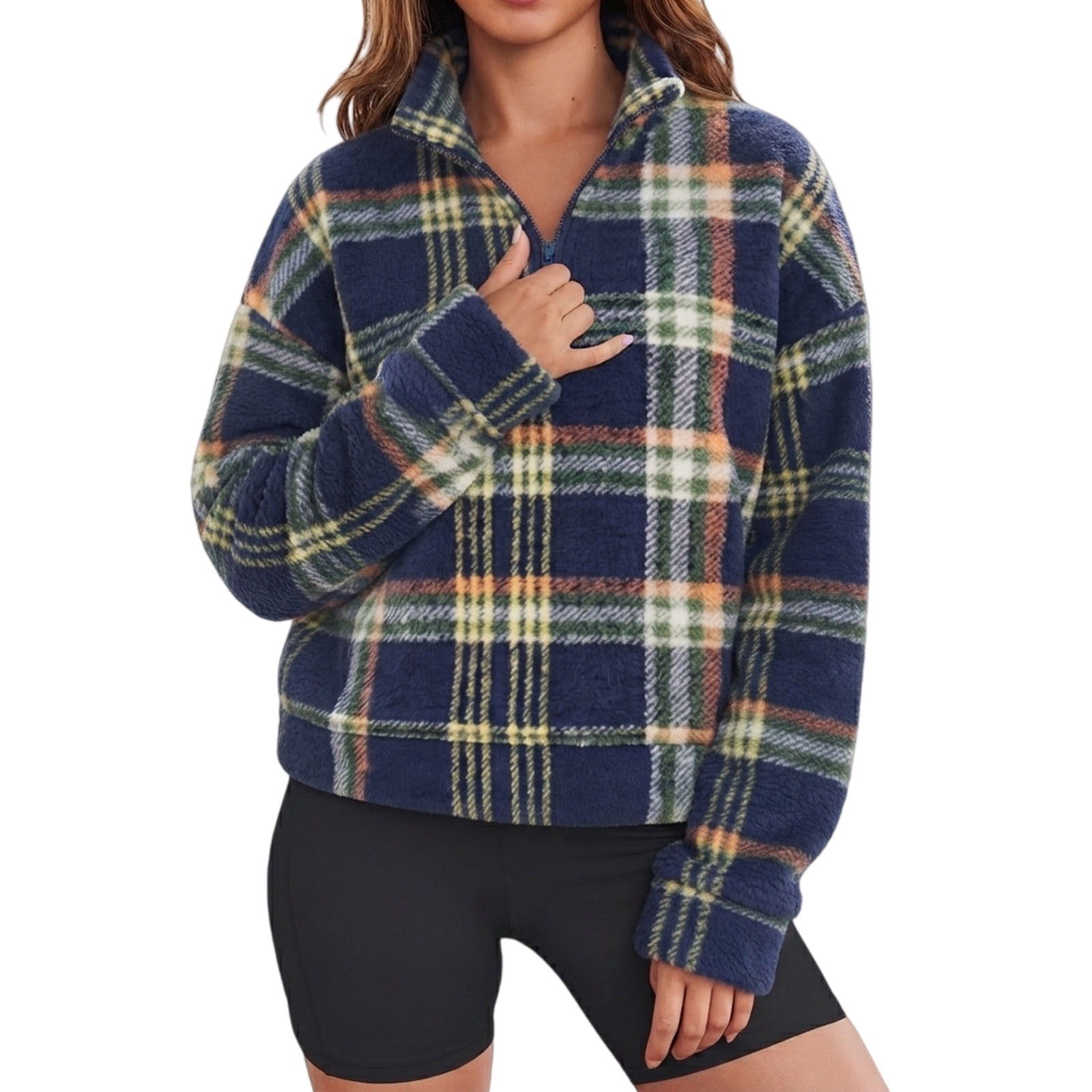 EOYWHK Women's Jacket Long Sleeve High Neck Soft Fleece Plaid Print ...