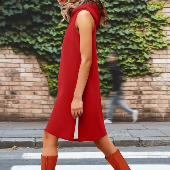 EOYWHK Women's Long Hooded Vests Plush Sleeveless Winter Thermal Vest Coat Loose Fit Casual Side Slit Hem Knee Outerwear