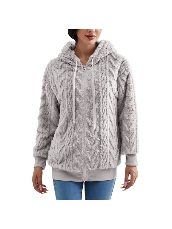 Women's Sherpa Fleece Jacket Zip Up Long Sleeve Cable Textured Hooded Winter Coats for Women Cold Weather Outerwear With Drawstring Hood Gray S