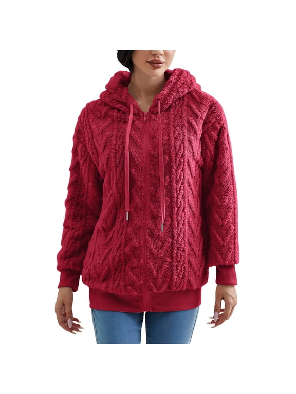 Women's Sherpa Fleece Jacket Zip Up Long Sleeve Cable Textured Hooded Winter Coats for Women Cold Weather Outerwear With Drawstring Hood Pink S