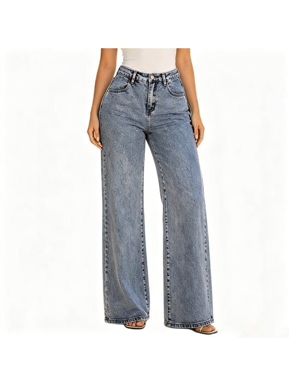 Women's Straight Leg Jeans High Waist Denim Pants Rhinestone Soft Stone Wash Jean for Women Casual Daily Fashion Versatile Blue XXL
