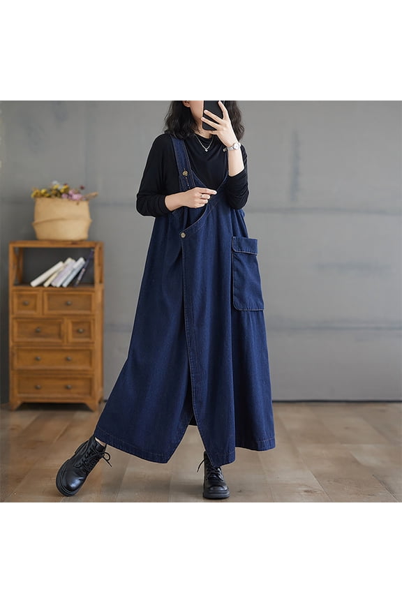 Womens Denim Dresses Retro Distressed Shirt Dress Spaghetti Straps Baggy Rompers Loose Fit Flowy Dress Long Sleeve Lapel Blouse with Pockets ,L-3XL