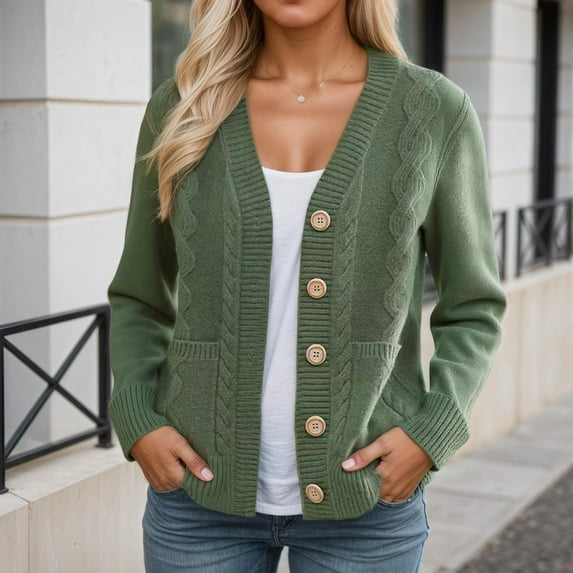 EOYWHK Womens Fall Cardigans Cable Knit Sweater Long Sleeve Button Down Tunic Jackets with Pockets