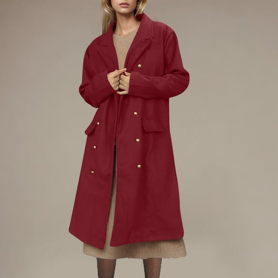 EOYWHK Womens Fleece Jackets Long Sleeve Trench Coats Notched Collar Pea Coats Medium Length Overcoats Heavyweight Windbreaker Winter Jackets