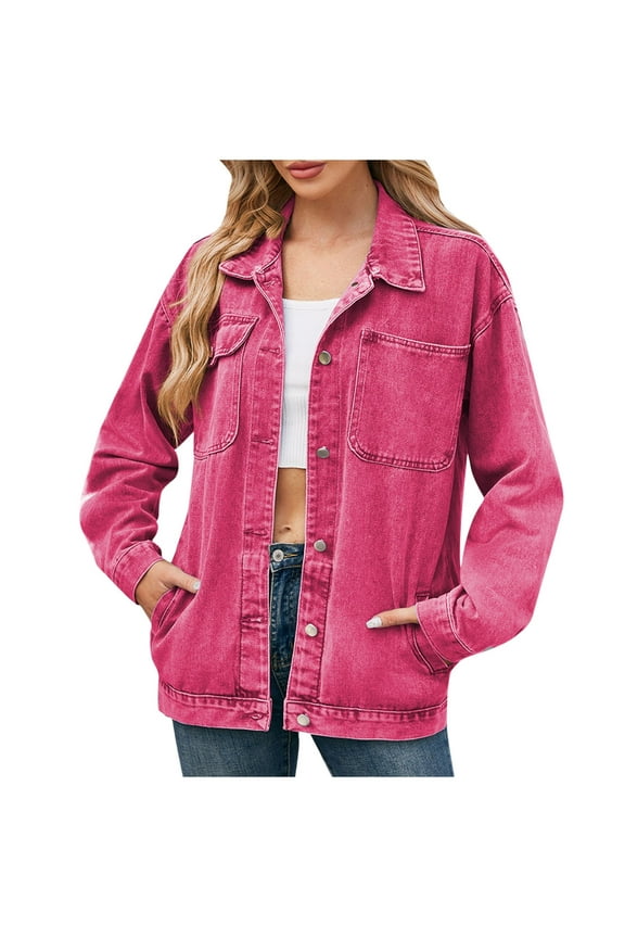 Womens Jackets Lightweight Women's Fashion Color Lapel Look Slimmer Sleeve Denim Jacket Winter