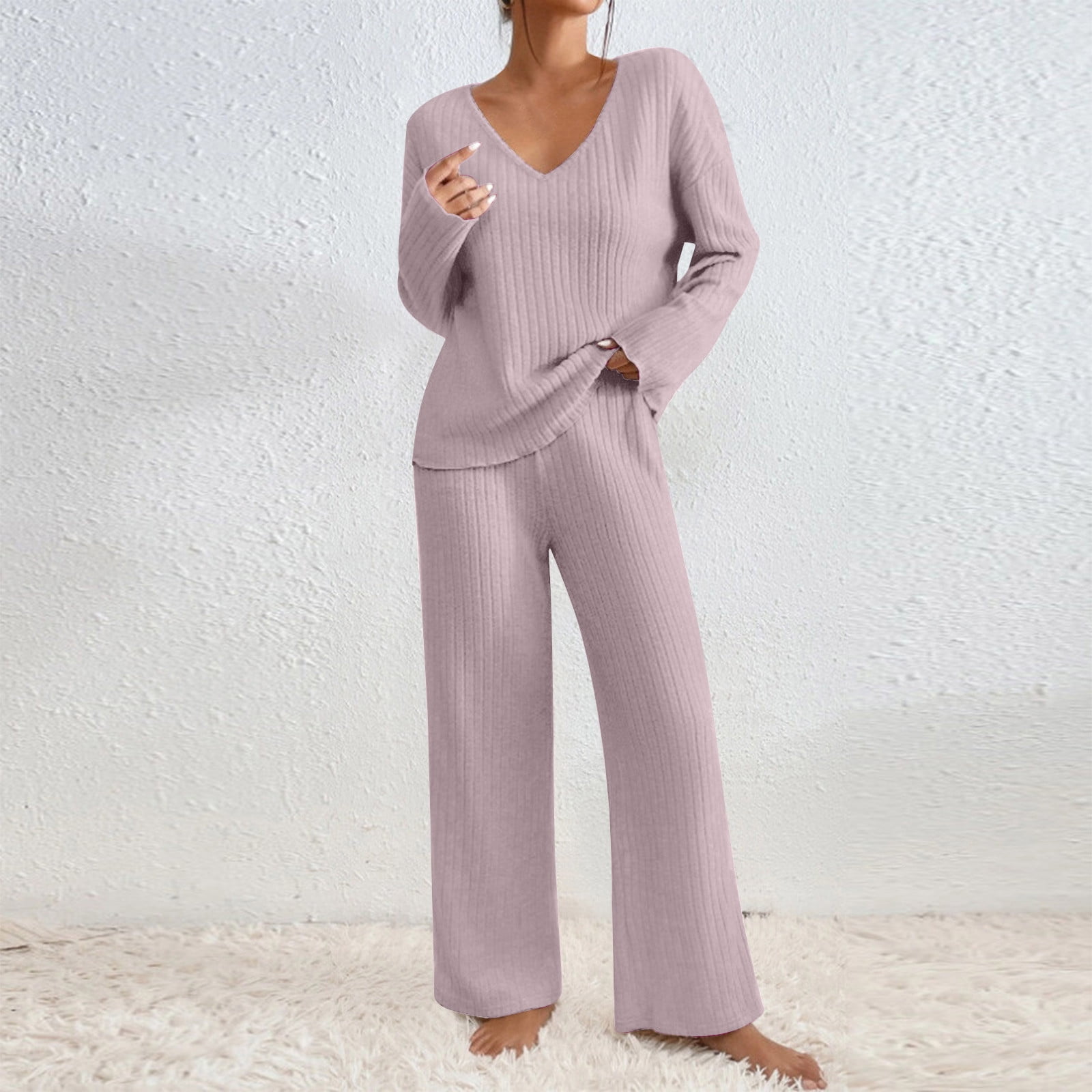 EOYWHK Womens Pajama Sets Two Piece Outfits Ribbed Knit Sweater Long ...