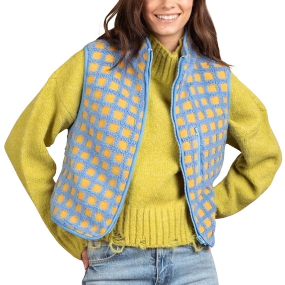 EOYWHK Womens Vest Plaid Sherpa Fleece Stand Collar Cropped Gilet Casual Checkered Sleeveless Fuzzy Vest Jackets Outerwear with Zipper Pockets Blue M
