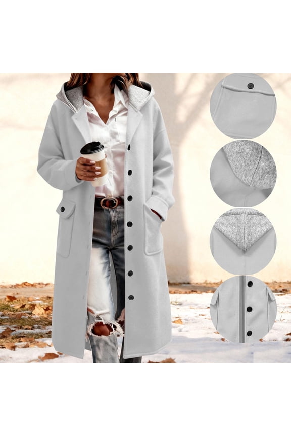 Wool Jackets for Women Long Trench Coat Fall Trendy Button Down Cardigan Windbreaker Pea Coats with Hood Pockets