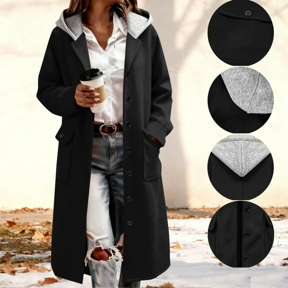 EOYWHK Wool Jackets for Women Long Trench Coat Fall Trendy Button Down Cardigan Windbreaker Pea Coats with Hood Pockets