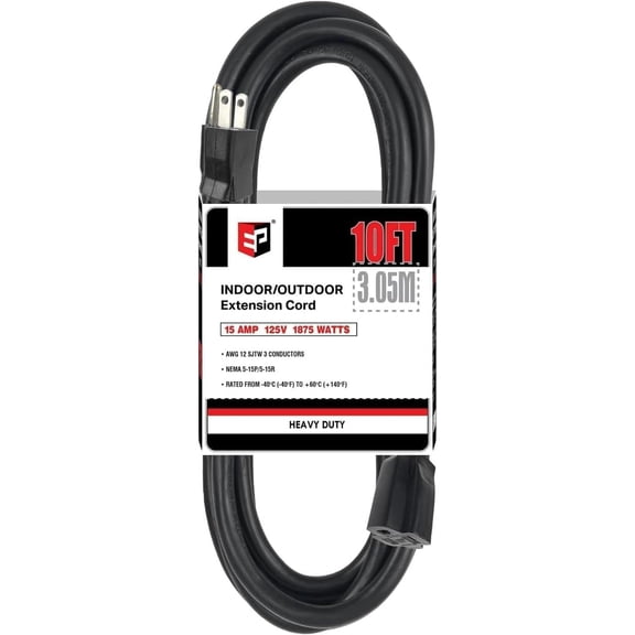 EP 10 ft 12/3 SJTW Outdoor/Indoor Extension Cord, Durable Electrical Cable, Black,13A 1875W