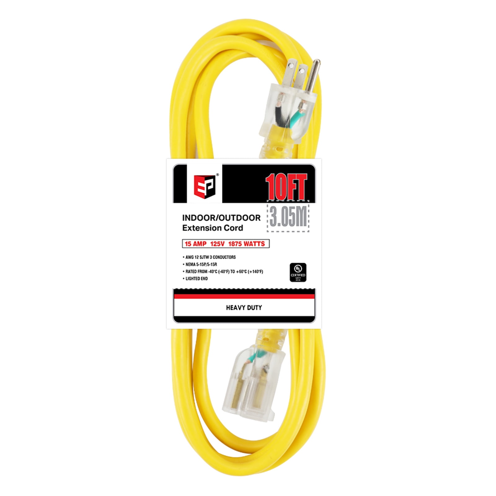 EP 10 Ft 12/3 SJTW Yellow Outdoor/Indoor Extension Cord, 12 Gauge Durable Electrical Cable
