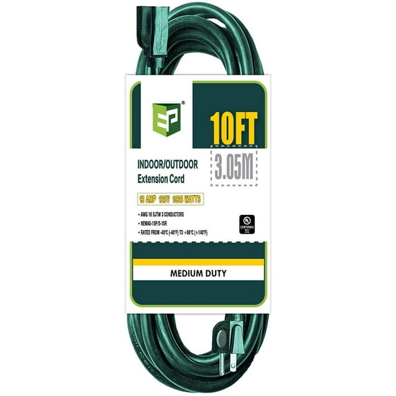 EP 10 Ft Green 16/3 SJTW Extension Cord - Outdoor/Indoor Durable Electrical Cable